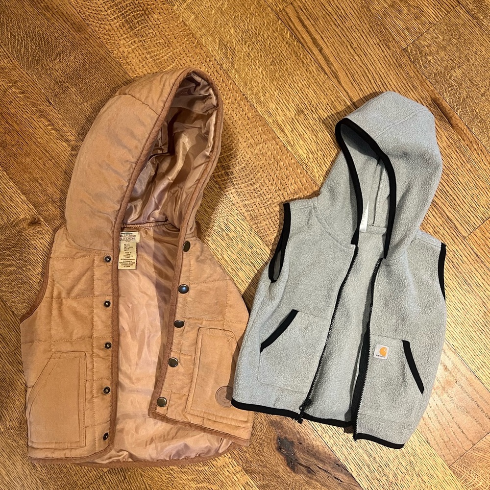 Quilted puffer and carhart fleece toddler vests